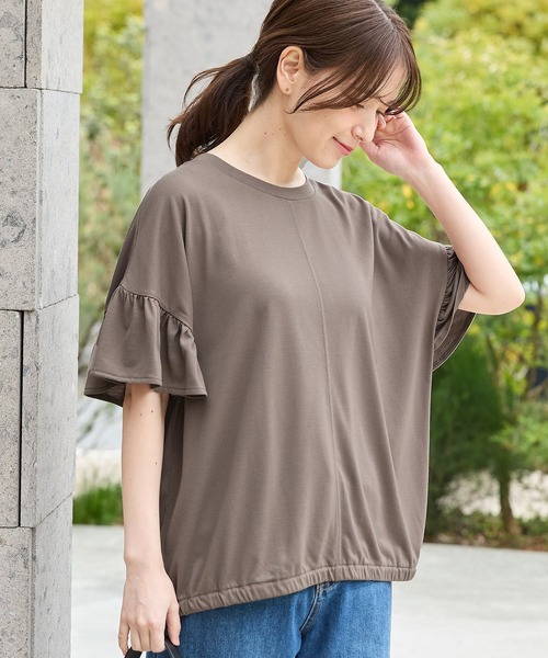 Honeys（ハニーズ）の「【ハニさら・接触冷感・吸水速乾・ＵＶカット】フリル袖ゆるＴシャツ（Tシャツ/カットソー・レディース・ダークグリーン/モカ/ネイビー/ブラック・F）」の2枚目の写真