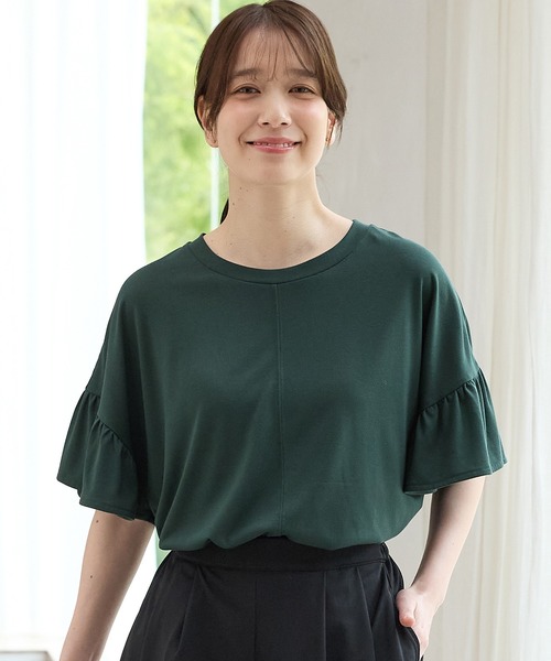 Honeys（ハニーズ）の「【ハニさら・接触冷感・吸水速乾・ＵＶカット】フリル袖ゆるＴシャツ（Tシャツ/カットソー・レディース・ダークグリーン/モカ/ネイビー/ブラック・F）」の3枚目の写真