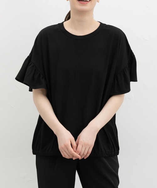 Honeys（ハニーズ）の「【ハニさら・接触冷感・吸水速乾・ＵＶカット】フリル袖ゆるＴシャツ（Tシャツ/カットソー・レディース・ダークグリーン/モカ/ネイビー/ブラック・F）」の7枚目の写真