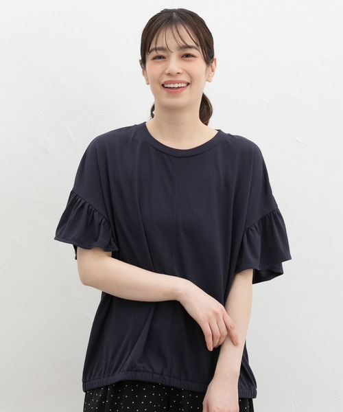 Honeys（ハニーズ）の「【ハニさら・接触冷感・吸水速乾・ＵＶカット】フリル袖ゆるＴシャツ（Tシャツ/カットソー・レディース・ダークグリーン/モカ/ネイビー/ブラック・F）」の9枚目の写真