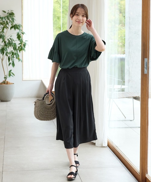Honeys（ハニーズ）の「【ハニさら・接触冷感・吸水速乾・ＵＶカット】フリル袖ゆるＴシャツ（Tシャツ/カットソー・レディース・ダークグリーン/モカ/ネイビー/ブラック・F）」の10枚目の写真