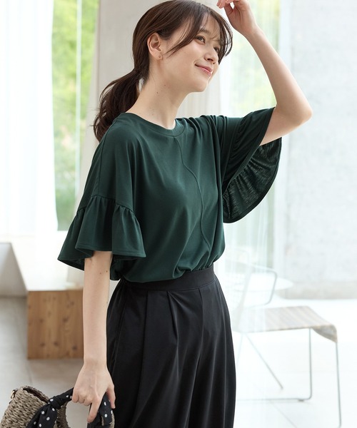 Honeys（ハニーズ）の「【ハニさら・接触冷感・吸水速乾・ＵＶカット】フリル袖ゆるＴシャツ（Tシャツ/カットソー・レディース・ダークグリーン/モカ/ネイビー/ブラック・F）」の11枚目の写真