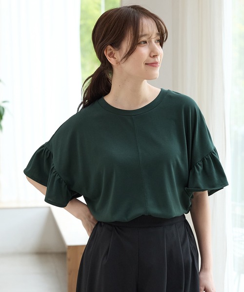 Honeys（ハニーズ）の「【ハニさら・接触冷感・吸水速乾・ＵＶカット】フリル袖ゆるＴシャツ（Tシャツ/カットソー・レディース・ダークグリーン/モカ/ネイビー/ブラック・F）」の12枚目の写真