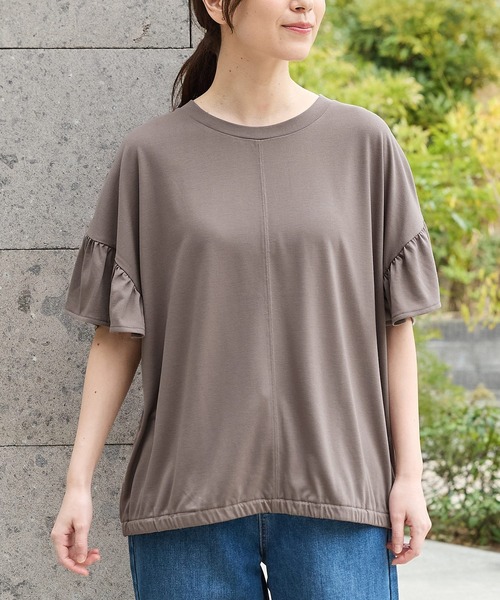 Honeys（ハニーズ）の「【ハニさら・接触冷感・吸水速乾・ＵＶカット】フリル袖ゆるＴシャツ（Tシャツ/カットソー・レディース・ダークグリーン/モカ/ネイビー/ブラック・F）」の14枚目の写真