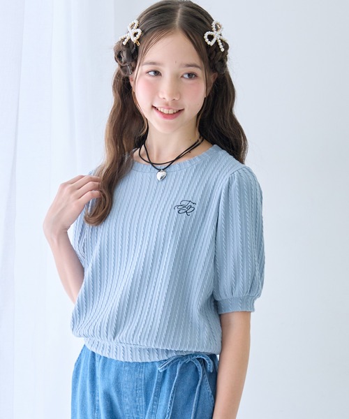 Amourire girl(アムリールガール)の「ワンポイント ロゴ Tシャツ クラシカル パフスリーブ 半袖 Tシャツ カットソー(Tシャツ/カットソー・キッズ・サックスブルー/ブラック/オフホワイト・150cm/140cm/130cm/160cm)」の15枚目の写真
