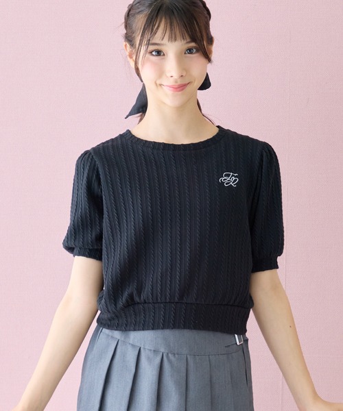 Amourire girl(アムリールガール)の「ワンポイント ロゴ Tシャツ クラシカル パフスリーブ 半袖 Tシャツ カットソー(Tシャツ/カットソー・キッズ・サックスブルー/ブラック/オフホワイト・150cm/140cm/130cm/160cm)」の16枚目の写真