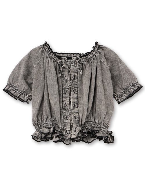 PINK-latte(ピンクラテ)の「レースアップオフショルブラウス(シャツ/ブラウス・キッズ・ライトブルー/グレー・130cm/120cm/140cm/150cm/160cm)」の1枚目の写真