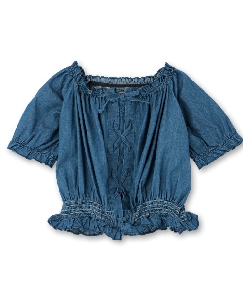 PINK-latte(ピンクラテ)の「レースアップオフショルブラウス(シャツ/ブラウス・キッズ・ライトブルー/グレー・130cm/120cm/140cm/150cm/160cm)」の2枚目の写真