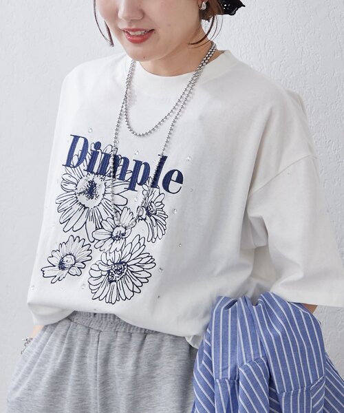 Another Branch olive des olive（アナザーブランチオリーブデオリーブ）の「【人気デザイン】花刺繍×ラインストーンTシャツ（Tシャツ/カットソー・レディース・スミクロ/オフホワイト/オートミール・FREE）」の4枚目の写真