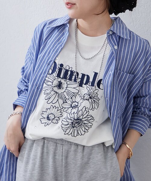 Another Branch olive des olive（アナザーブランチオリーブデオリーブ）の「【人気デザイン】花刺繍×ラインストーンTシャツ（Tシャツ/カットソー・レディース・スミクロ/オフホワイト/オートミール・FREE）」の7枚目の写真