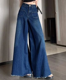 【大きいサイズ有】ボリュームで美シルエットを構築。ハイウエスト ワイド デニムパンツ レディース