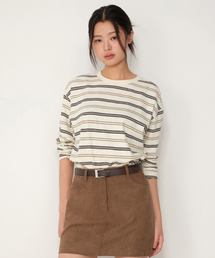 ウィメンズマルチストライプオーバーサイズ長袖Tシャツ[クリーム/ベージュ]