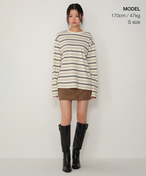 MUSINSA STANDARD WOMAN（ムシンサスタンダードウーマン）の「ウィメンズマルチストライプオーバーサイズ長袖Tシャツ[クリーム/ベージュ]（Tシャツ/カットソー・レディース・その他・X-SMALL/SMALL/MEDIUM/LARGE）」の2枚目の写真