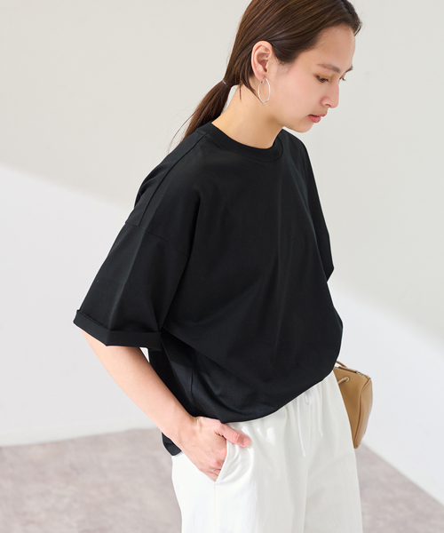 FRAMeWORK(フレームワーク)の「ATON/エイトン SUVIN 60/2 WIDE SLEEVE T-SHIRT(Tシャツ/カットソー・レディース・ホワイト/アイボリー/ブラック・FREE)」の2枚目の写真