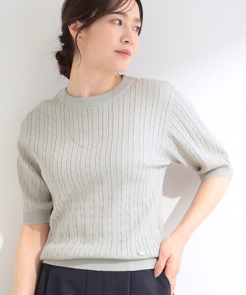SHOO・LA・RUE（シューラルー）の「【洗濯機可/S-LL】ミニケーブルで上品に 5分袖ニット（ニット/セーター・レディース・ライトグレー/ネイビー・04/03/02/01）」の2枚目の写真