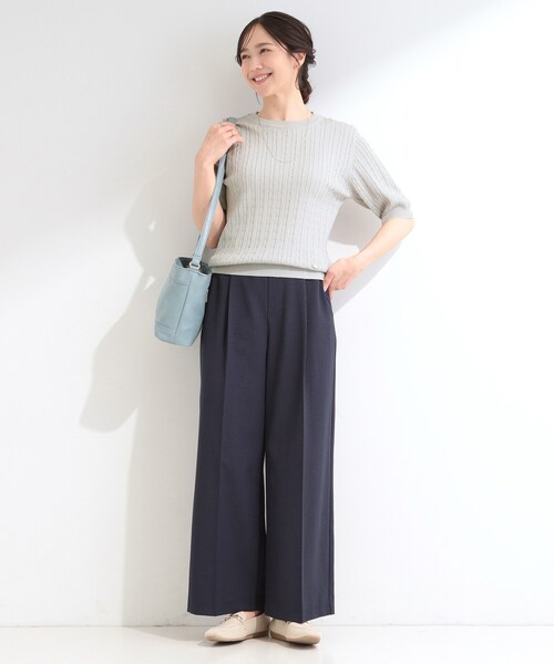 SHOO・LA・RUE（シューラルー）の「【洗濯機可/S-LL】ミニケーブルで上品に 5分袖ニット（ニット/セーター・レディース・ライトグレー/ネイビー・04/03/02/01）」の5枚目の写真