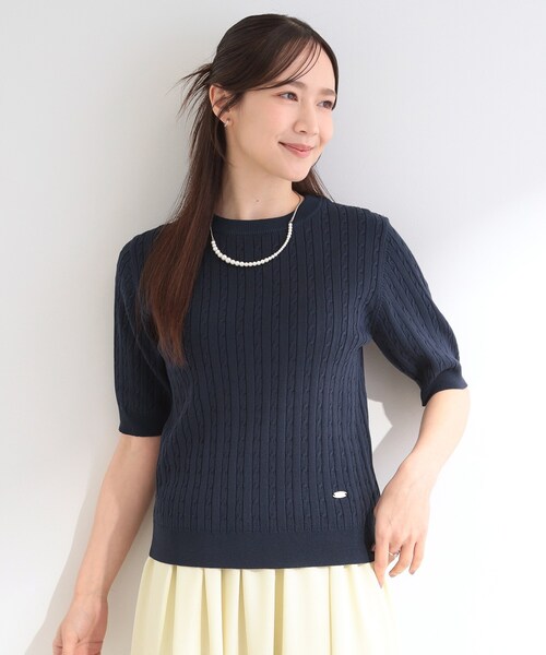 SHOO・LA・RUE（シューラルー）の「【洗濯機可/S-LL】ミニケーブルで上品に 5分袖ニット（ニット/セーター・レディース・ライトグレー/ネイビー・04/03/02/01）」の7枚目の写真