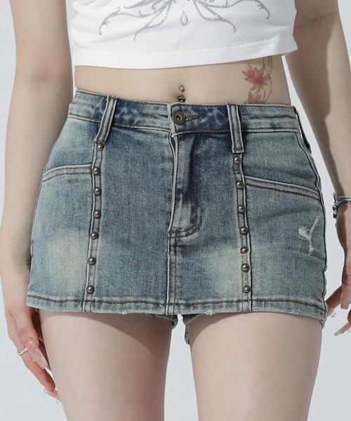 ANAP(アナップ)の「スタッズ付 デニム ミニスカートパンツ(デニムスカート・レディース・ブルー/ブラック・S)」の1枚目の写真