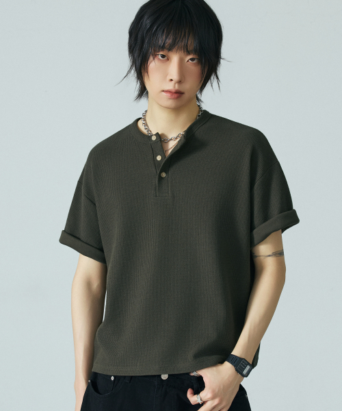 LXT（エルエックスティー）の「ワッフルヘンリーネッククロップ半袖Tシャツ[カーキ]（Tシャツ/カットソー・メンズ・その他・X-LARGE/MEDIUM/LARGE）」の4枚目の写真