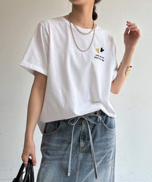 DouDou(ドゥドゥ)の「【WEB限定】ハート×ロゴ刺繍TEE(Tシャツ/カットソー・レディース・ブラック/オフホワイト/ブラウン・FREE)」の2枚目の写真