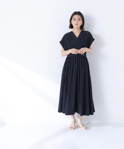 NATURAL BEAUTY BASIC(ナチュラルビューティーベーシック)の「カシュクールフレンチスリーブワンピース(ワンピース・レディース・ネイビー/ブルー/オフホワイト・P/S/SMALL/MEDIUM)」の1枚目の写真