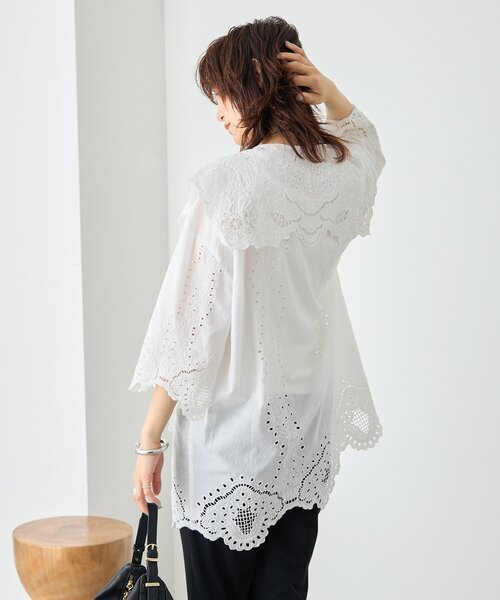 RIVE DROITE（リヴドロワ）の「【à Nice】【インド綿/手洗い可】カットワークレースシャツ　(カットワークレース/夏服)（シャツ/ブラウス・レディース・ブラック/オフホワイト・FREE）」の5枚目の写真