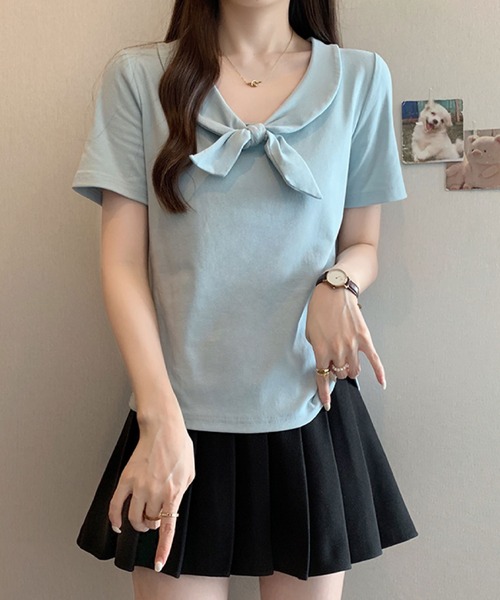 2ly2（トゥーリートゥー）の「ビッグリボンデザイン 半袖カットソー / フェミニンリボントップス（Tシャツ/カットソー・レディース・ベージュ/ブルー/ブラック・FREE）」の3枚目の写真