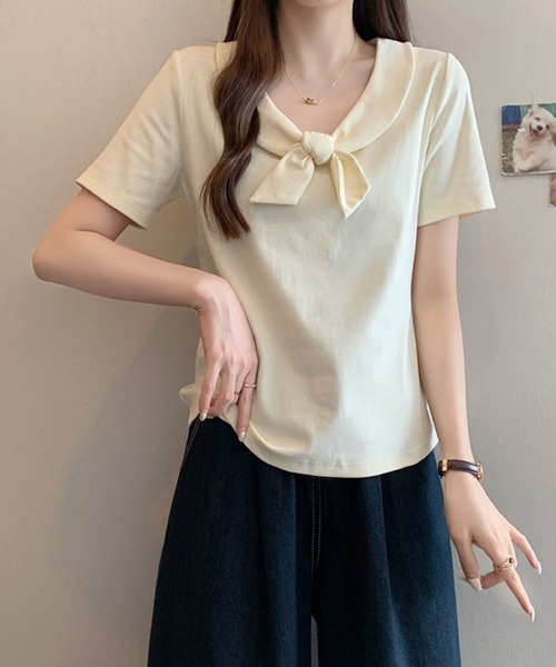 2ly2（トゥーリートゥー）の「ビッグリボンデザイン 半袖カットソー / フェミニンリボントップス（Tシャツ/カットソー・レディース・ベージュ/ブルー/ブラック・FREE）」の7枚目の写真