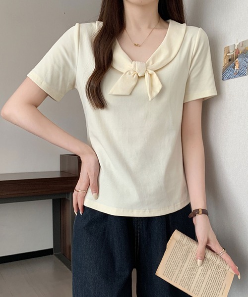 2ly2（トゥーリートゥー）の「ビッグリボンデザイン 半袖カットソー / フェミニンリボントップス（Tシャツ/カットソー・レディース・ベージュ/ブルー/ブラック・FREE）」の9枚目の写真