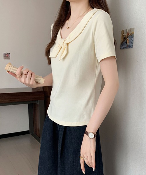 2ly2（トゥーリートゥー）の「ビッグリボンデザイン 半袖カットソー / フェミニンリボントップス（Tシャツ/カットソー・レディース・ベージュ/ブルー/ブラック・FREE）」の11枚目の写真