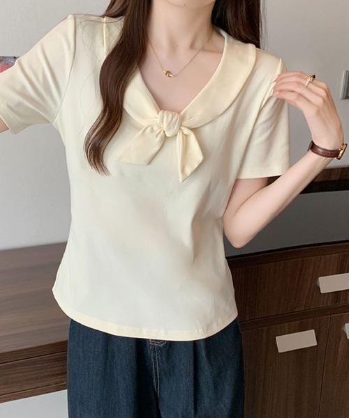 2ly2（トゥーリートゥー）の「ビッグリボンデザイン 半袖カットソー / フェミニンリボントップス（Tシャツ/カットソー・レディース・ベージュ/ブルー/ブラック・FREE）」の12枚目の写真