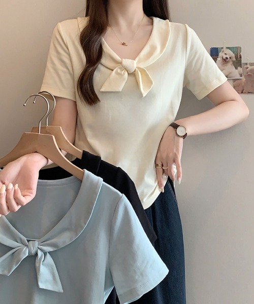 2ly2（トゥーリートゥー）の「ビッグリボンデザイン 半袖カットソー / フェミニンリボントップス（Tシャツ/カットソー・レディース・ベージュ/ブルー/ブラック・FREE）」の13枚目の写真