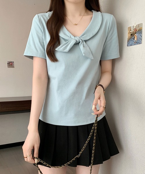 2ly2（トゥーリートゥー）の「ビッグリボンデザイン 半袖カットソー / フェミニンリボントップス（Tシャツ/カットソー・レディース・ベージュ/ブルー/ブラック・FREE）」の16枚目の写真