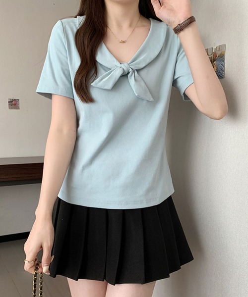 2ly2（トゥーリートゥー）の「ビッグリボンデザイン 半袖カットソー / フェミニンリボントップス（Tシャツ/カットソー・レディース・ベージュ/ブルー/ブラック・FREE）」の17枚目の写真
