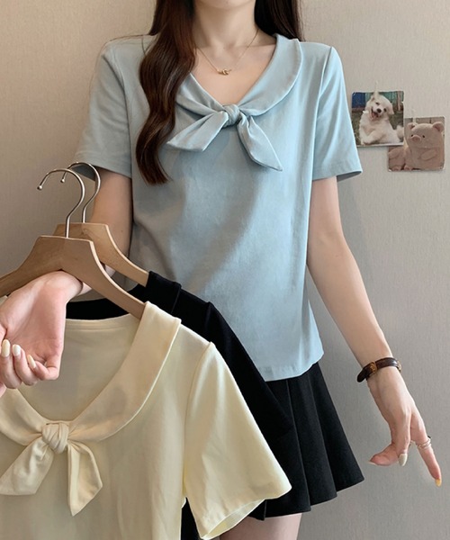 2ly2（トゥーリートゥー）の「ビッグリボンデザイン 半袖カットソー / フェミニンリボントップス（Tシャツ/カットソー・レディース・ベージュ/ブルー/ブラック・FREE）」の21枚目の写真