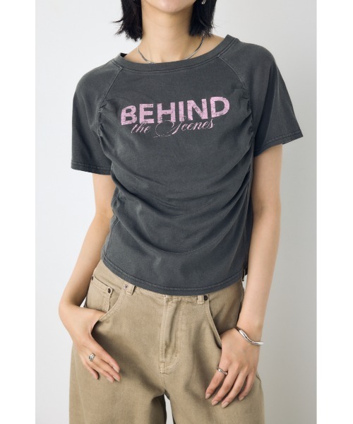 AZUL by moussy(アズールバイマウジー)の「フロントギャザーカラーロゴTシャツ(Tシャツ/カットソー・レディース・ライトブラック/オフホワイト/ブルー・FREE)」の1枚目の写真