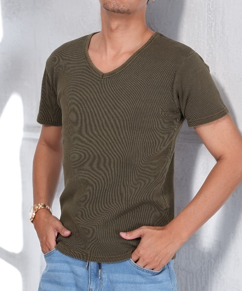 LUXSTYLE(ラグスタイル)の「ピグメントテレコVネックTシャツ(Tシャツ/カットソー・メンズ・チャコール/ブラウン・L/M)」の2枚目の写真