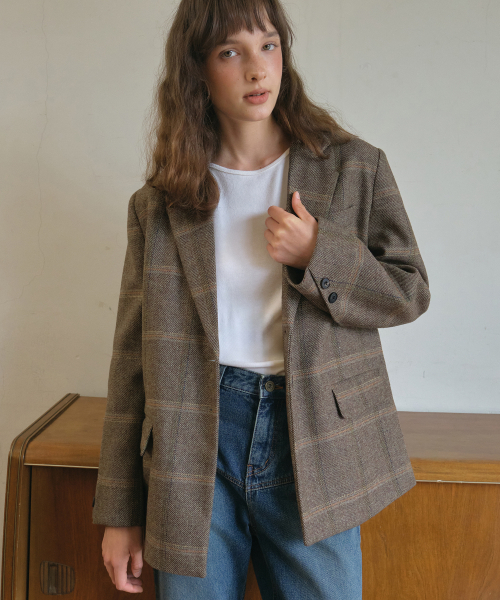 OURNOSTALGIA(アワー ノスタルジア)の「Vintage wool check tailored half jacket_Brown(O25-OT03)(その他アウター・レディース・ブラウン・FREE)」の5枚目の写真