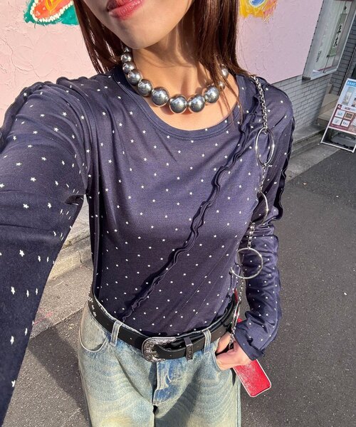 CIAOPANIC（チャオパニック）の「メローデザインシアートップス（Tシャツ/カットソー・レディース・グレー/マスタード/ブラウン/イエロー系その他/グレー系その他/ダークグレー/ネイビー/イエロー/オフホワイト・ONE SIZE）」の7枚目の写真