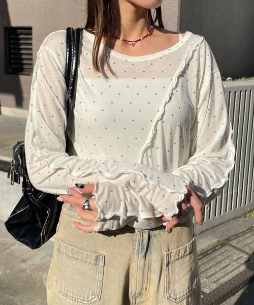 CIAOPANIC（チャオパニック）の「メローデザインシアートップス（Tシャツ/カットソー・レディース・グレー/マスタード/ブラウン/イエロー系その他/グレー系その他/ダークグレー/ネイビー/イエロー/オフホワイト・ONE SIZE）」の2枚目の写真