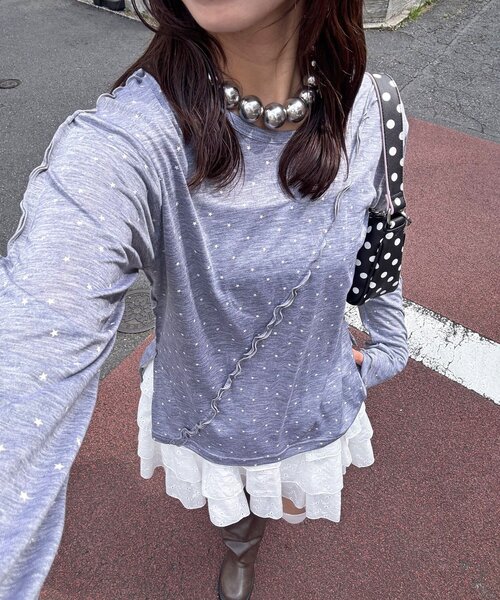 CIAOPANIC（チャオパニック）の「メローデザインシアートップス（Tシャツ/カットソー・レディース・グレー/マスタード/ブラウン/イエロー系その他/グレー系その他/ダークグレー/ネイビー/イエロー/オフホワイト・ONE SIZE）」の4枚目の写真