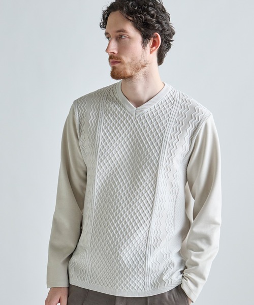 MEN'S BIGI（メンズビギ）の「アランパネル ニットコンビVネックロングTEE（Tシャツ/カットソー・メンズ・グレー/ブラウン/ネイビー・03/02/01/04）」の2枚目の写真