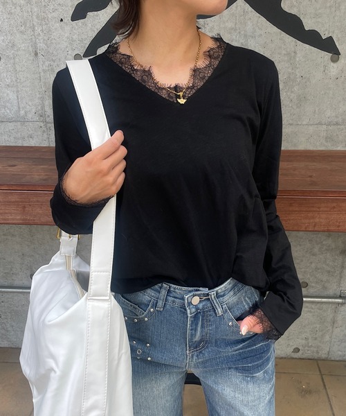ROGER AND RAW(ロジャーアンドロウ)の「レーストリム スラブ長袖カットソー(Tシャツ/カットソー・レディース・ホワイト/ブラック・FREE)」の11枚目の写真