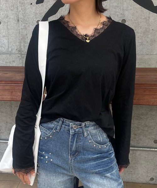 ROGER AND RAW(ロジャーアンドロウ)の「レーストリム スラブ長袖カットソー(Tシャツ/カットソー・レディース・ホワイト/ブラック・FREE)」の9枚目の写真