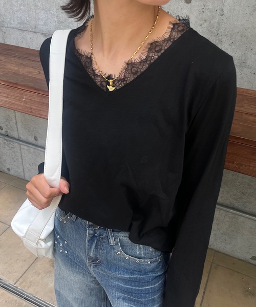 ROGER AND RAW(ロジャーアンドロウ)の「レーストリム スラブ長袖カットソー(Tシャツ/カットソー・レディース・ホワイト/ブラック・FREE)」の7枚目の写真