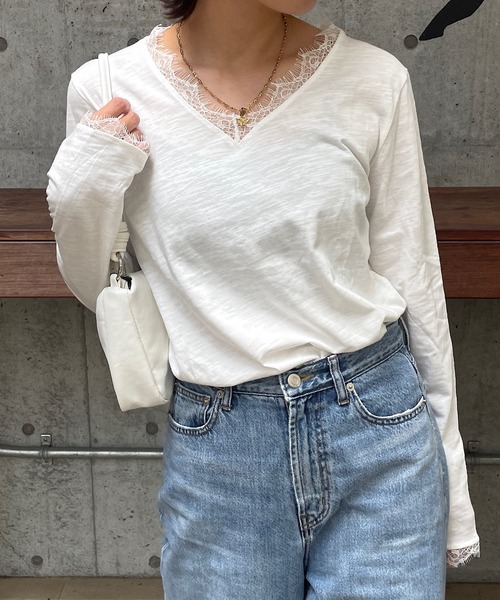 ROGER AND RAW(ロジャーアンドロウ)の「レーストリム スラブ長袖カットソー(Tシャツ/カットソー・レディース・ホワイト/ブラック・FREE)」の5枚目の写真