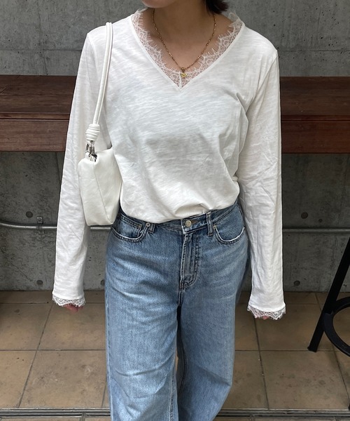 ROGER AND RAW(ロジャーアンドロウ)の「レーストリム スラブ長袖カットソー(Tシャツ/カットソー・レディース・ホワイト/ブラック・FREE)」の4枚目の写真