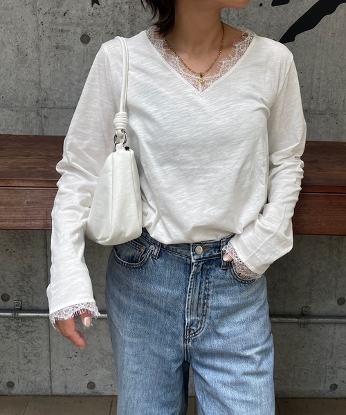 ROGER AND RAW(ロジャーアンドロウ)の「レーストリム スラブ長袖カットソー(Tシャツ/カットソー・レディース・ホワイト/ブラック・FREE)」の16枚目の写真