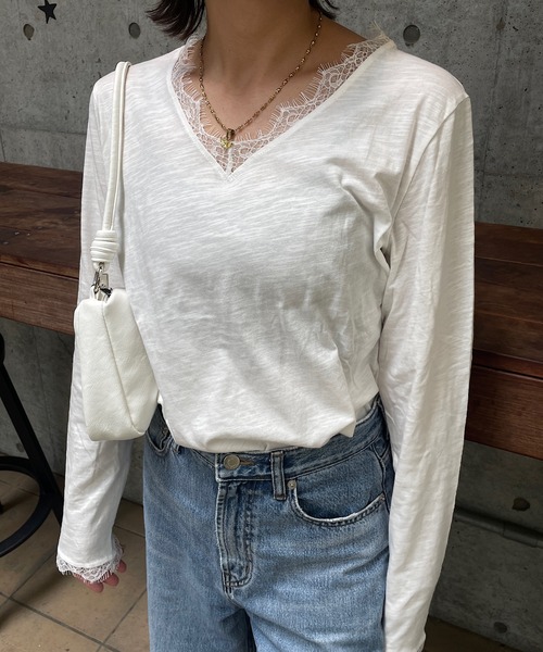 ROGER AND RAW(ロジャーアンドロウ)の「レーストリム スラブ長袖カットソー(Tシャツ/カットソー・レディース・ホワイト/ブラック・FREE)」の14枚目の写真