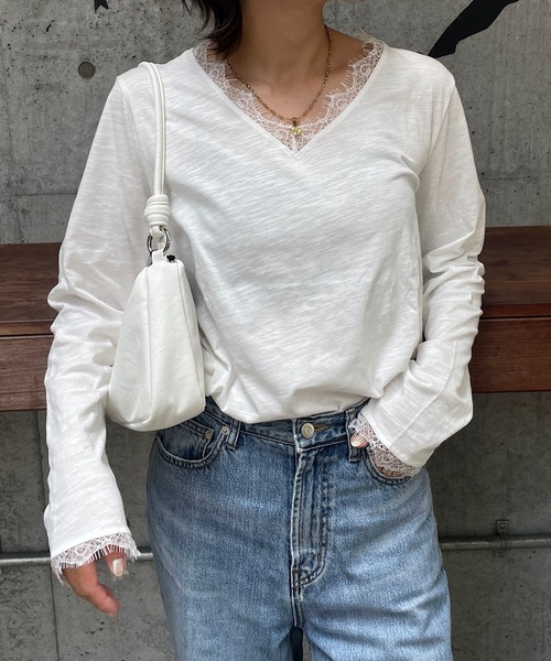 ROGER AND RAW(ロジャーアンドロウ)の「レーストリム スラブ長袖カットソー(Tシャツ/カットソー・レディース・ホワイト/ブラック・FREE)」の13枚目の写真